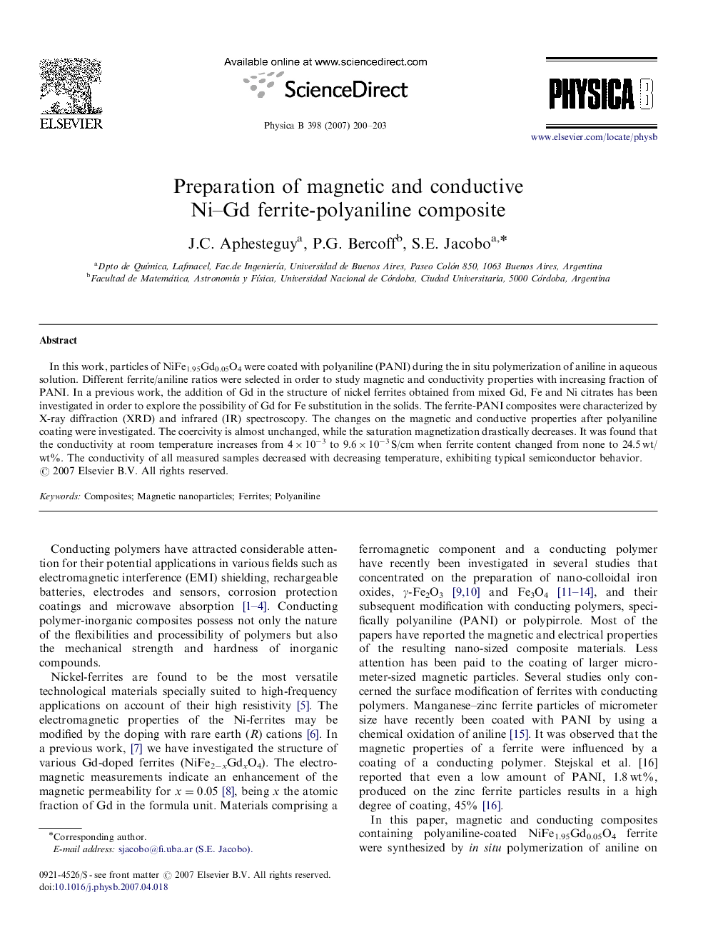 Preparation of magnetic and conductive Ni–Gd ferrite-polyaniline composite