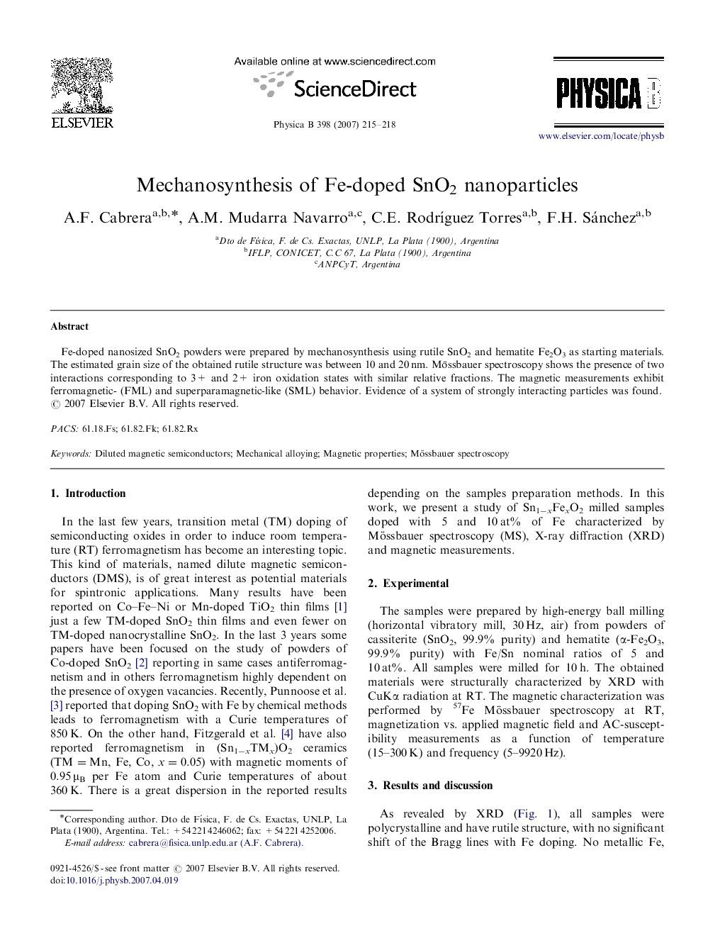 Mechanosynthesis of Fe-doped SnO2 nanoparticles