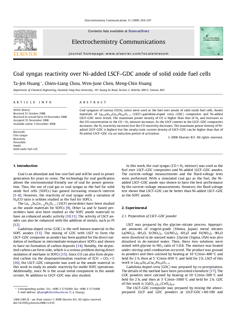 Coal syngas reactivity over Ni-added LSCF–GDC anode of solid oxide fuel cells