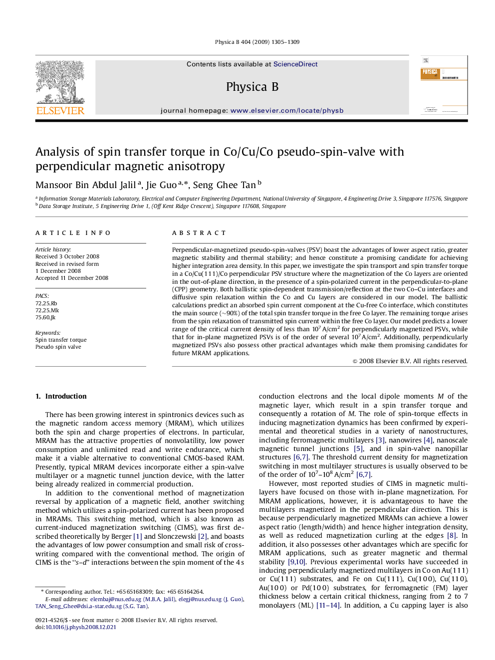 عکس صفحه اول مقاله: Analysis of spin transfer torque in Co/Cu/Co pseudo-spin-valve with perpendicular magnetic anisotropy Analysis of spin transfer torque in Co/Cu/Co pseudo-spin-valve with perpendicular magnetic anisotropy