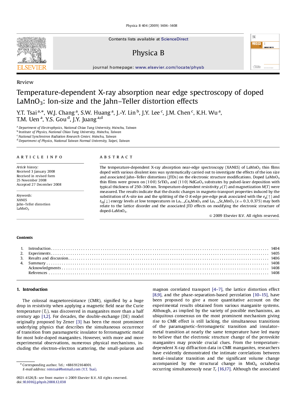 عکس صفحه اول مقاله: Temperature-dependent X-ray absorption near edge spectroscopy of doped LaMnO3: Ion-size and the Jahn–Teller distortion effects Temperature-dependent X-ray absorption near edge spectroscopy of doped LaMnO3: Ion-size and the Jahn–Teller distortion effects