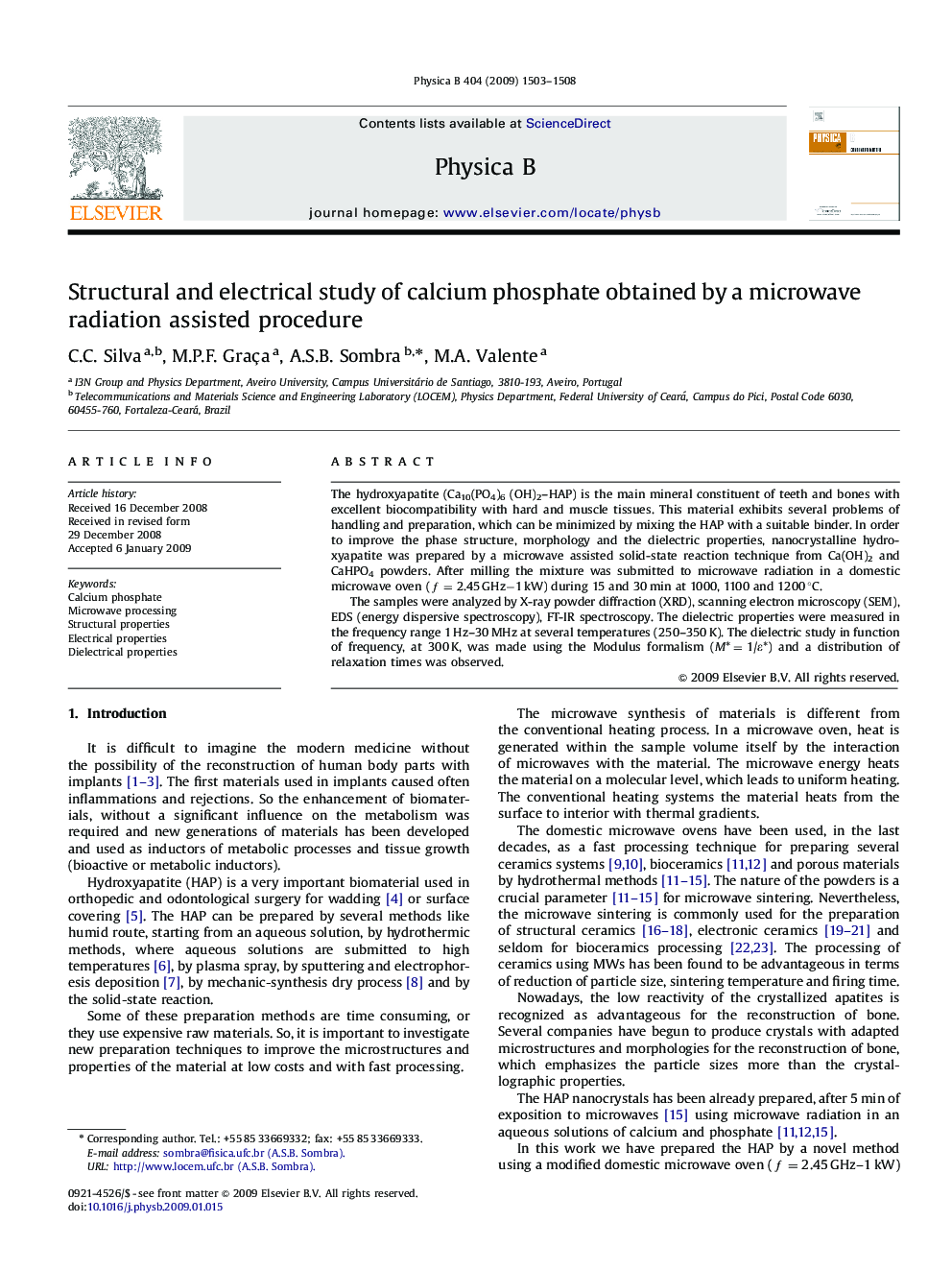 Structural and electrical study of calcium phosphate obtained by a microwave radiation assisted procedure