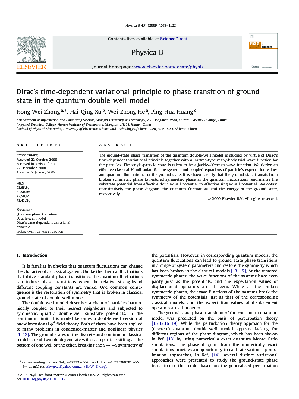 عکس صفحه اول مقاله: Dirac's time-dependent variational principle to phase transition of ground state in the quantum double-well model Dirac's time-dependent variational principle to phase transition of ground state in the quantum double-well model