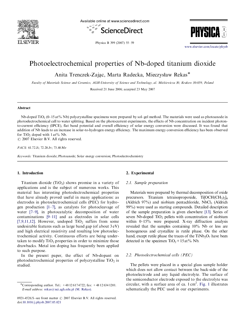 Photoelectrochemical properties of Nb-doped titanium dioxide