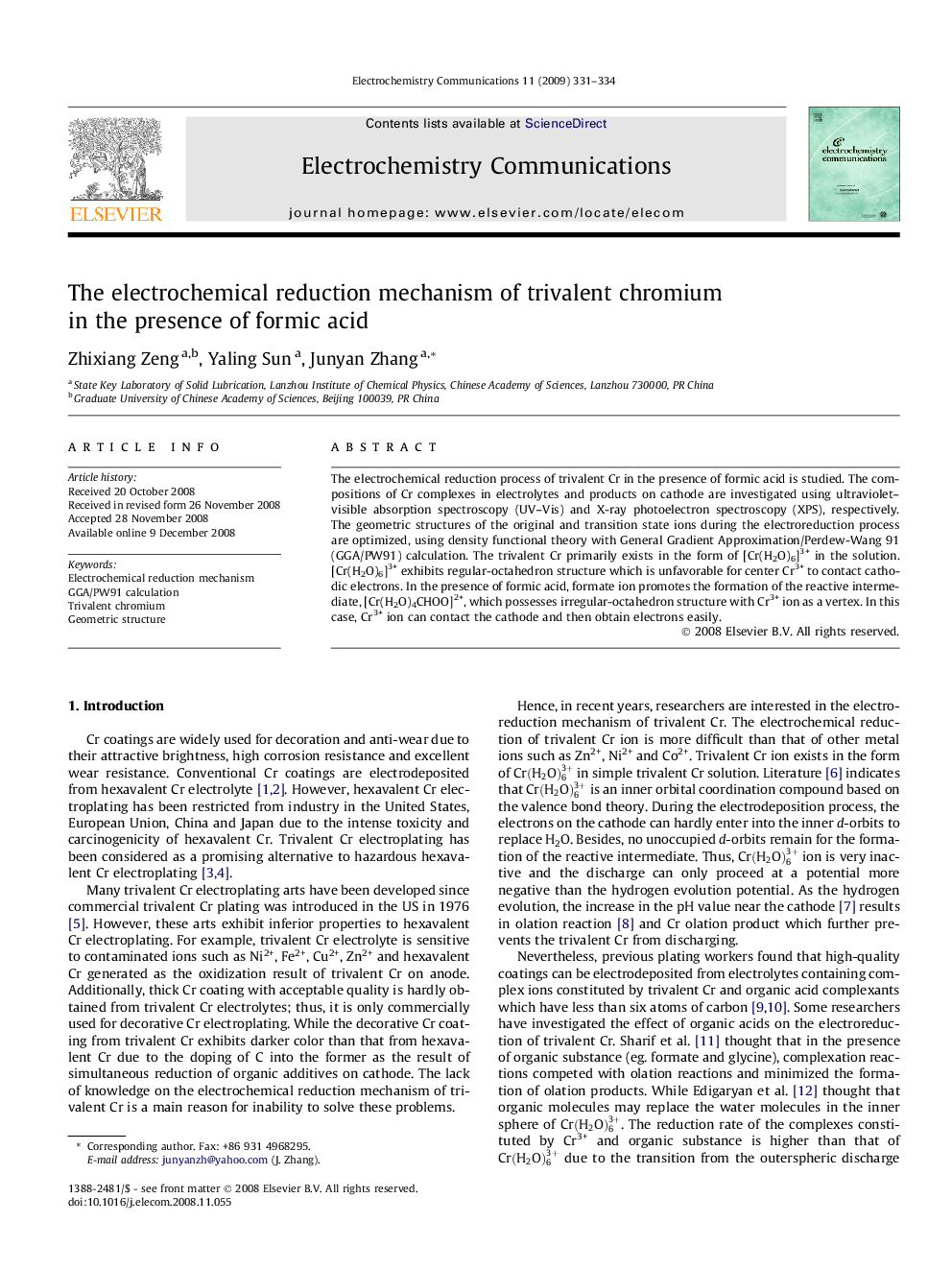 The electrochemical reduction mechanism of trivalent chromium in the presence of formic acid