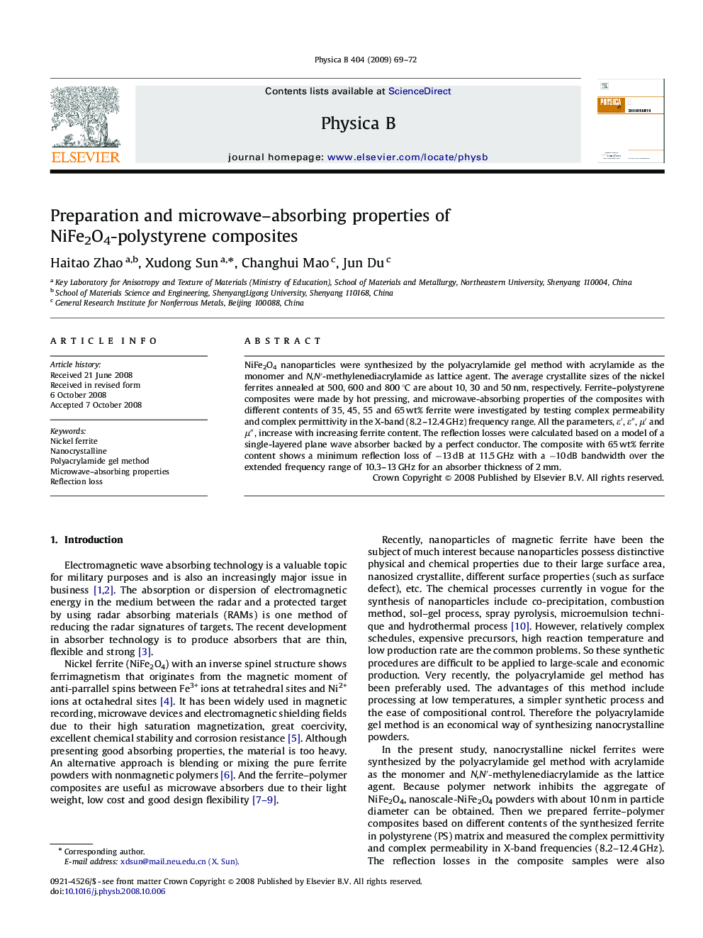 Preparation and microwave–absorbing properties of NiFe2O4-polystyrene composites