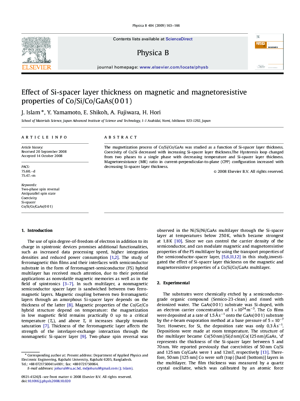 Effect of Si-spacer layer thickness on magnetic and magnetoresistive properties of Co/Si/Co/GaAs(0Â 0Â 1)