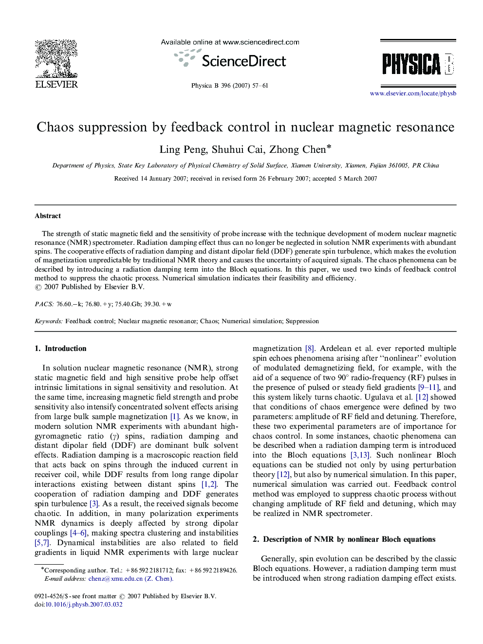 Chaos suppression by feedback control in nuclear magnetic resonance