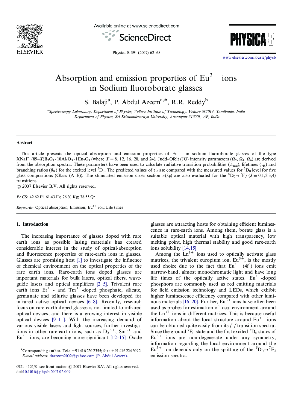 Absorption and emission properties of Eu3+ ions in Sodium fluoroborate glasses