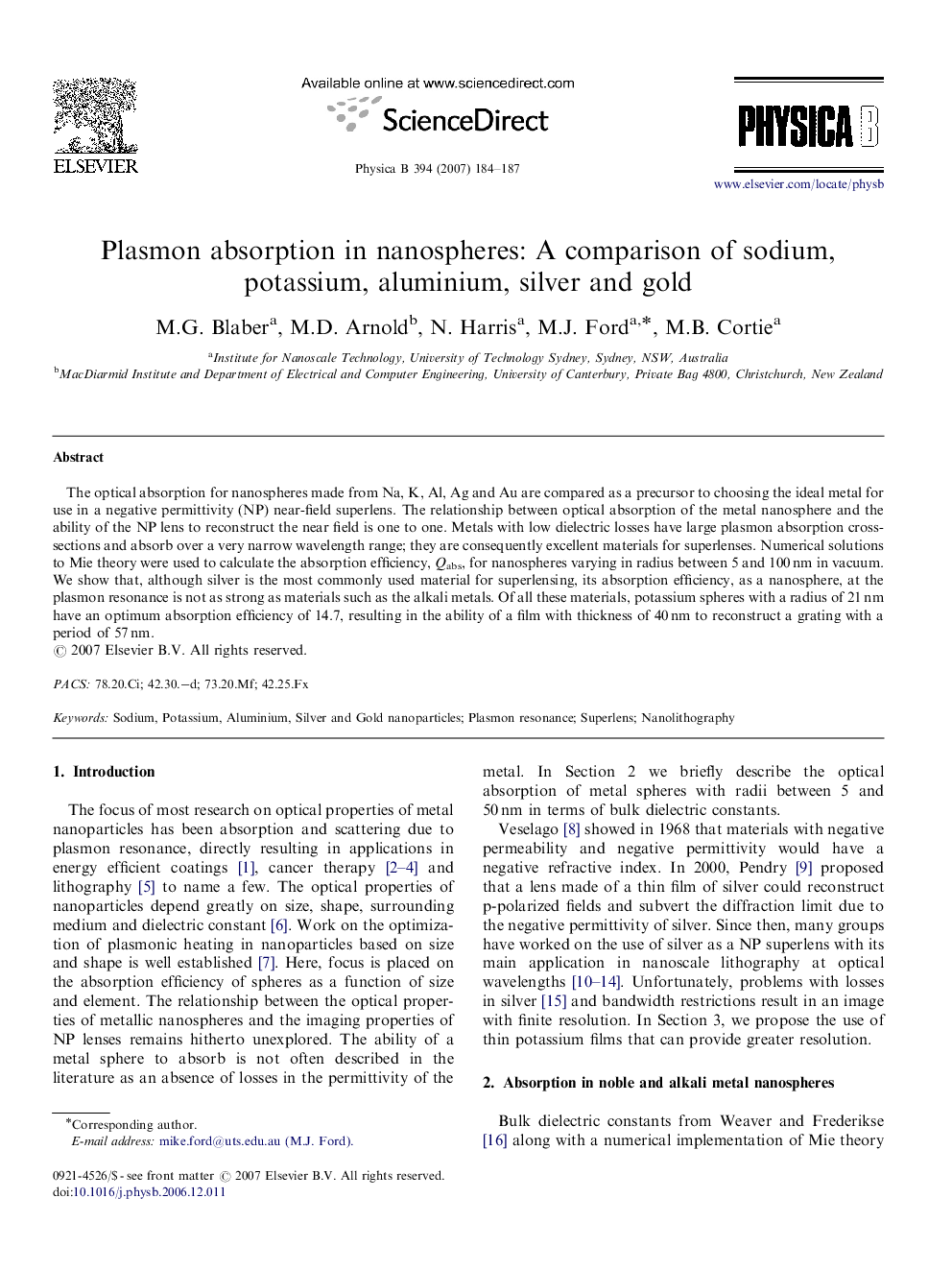 Plasmon absorption in nanospheres: A comparison of sodium, potassium, aluminium, silver and gold