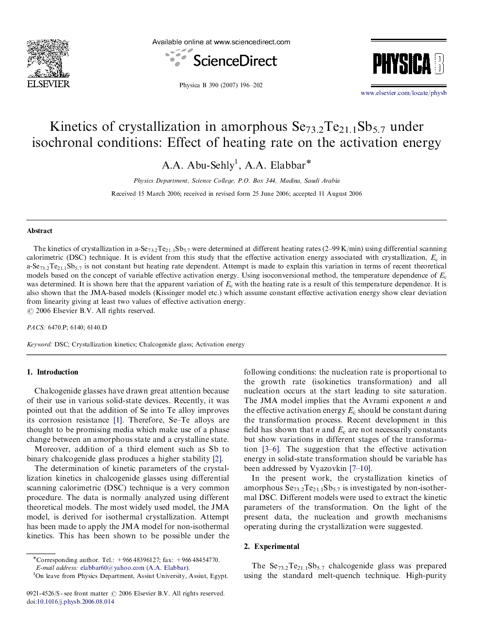 Kinetics of crystallization in amorphous Se73.2Te21.1Sb5.7 under isochronal conditions: Effect of heating rate on the activation energy