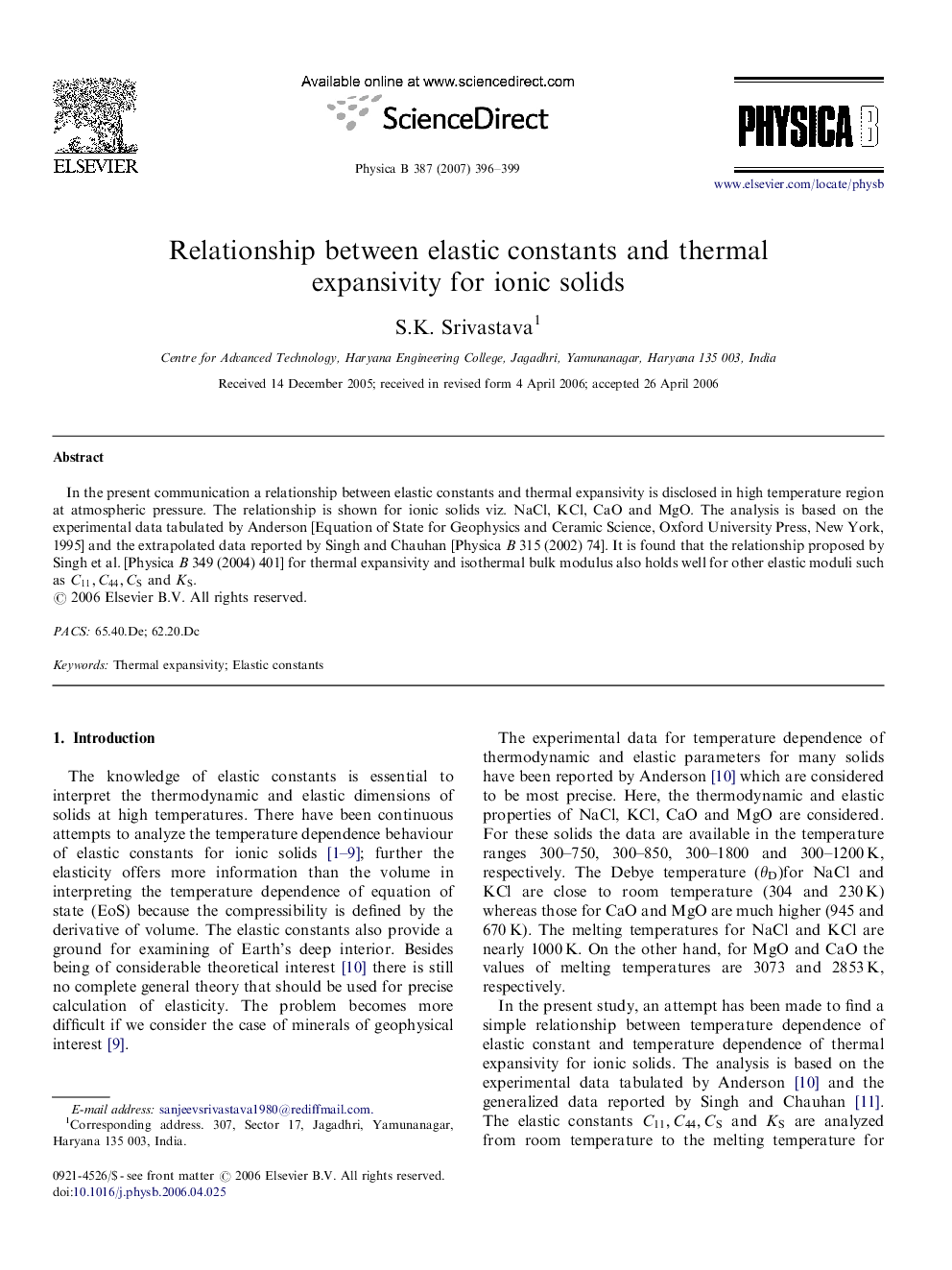 Relationship between elastic constants and thermal expansivity for ionic solids