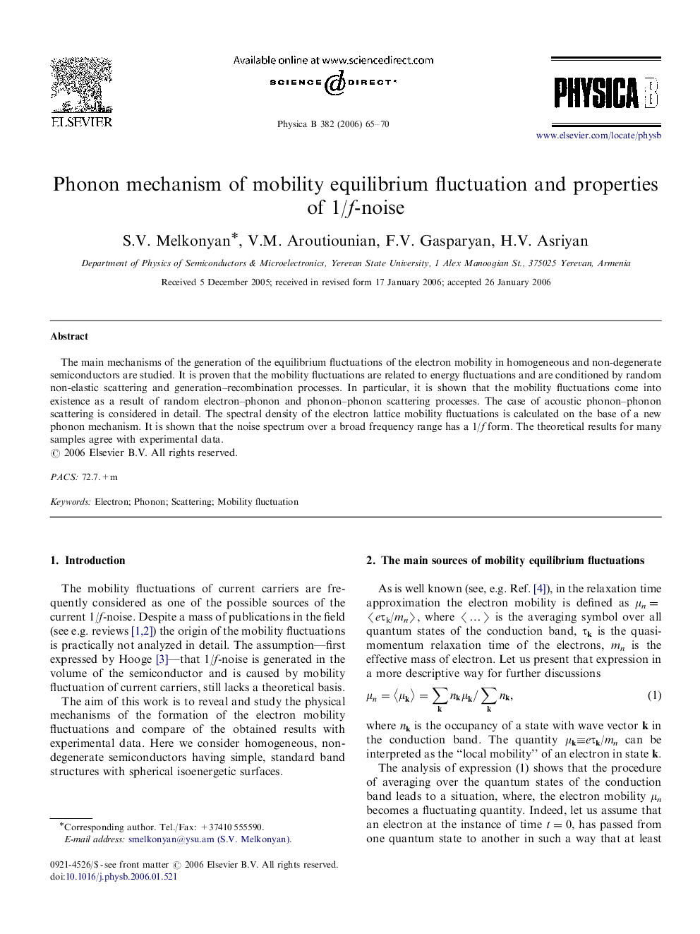 Phonon mechanism of mobility equilibrium fluctuation and properties of 1/f-noise