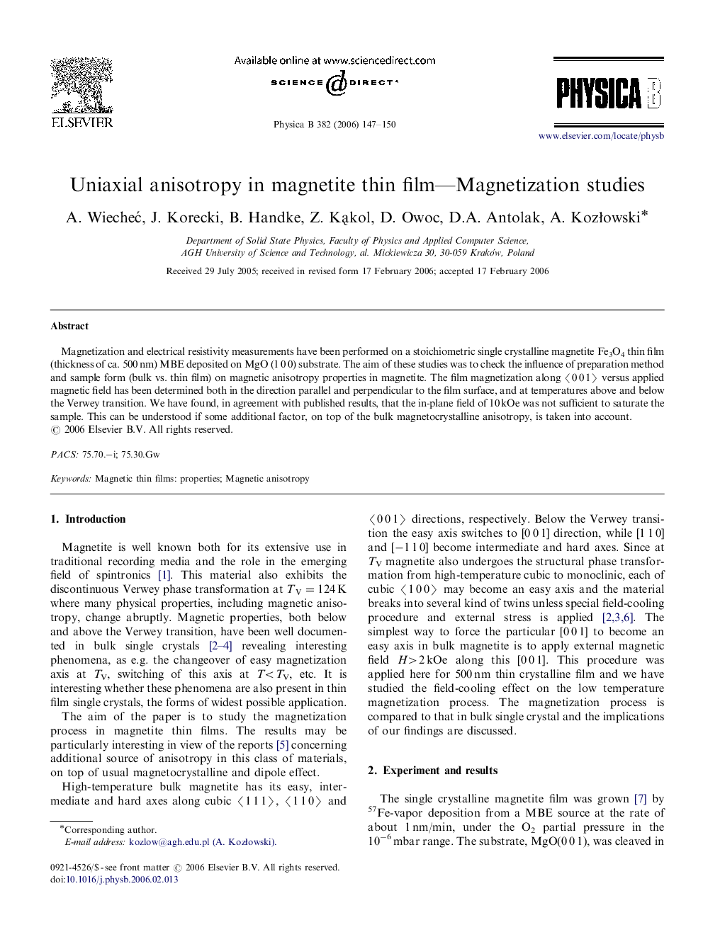Uniaxial anisotropy in magnetite thin film-Magnetization studies