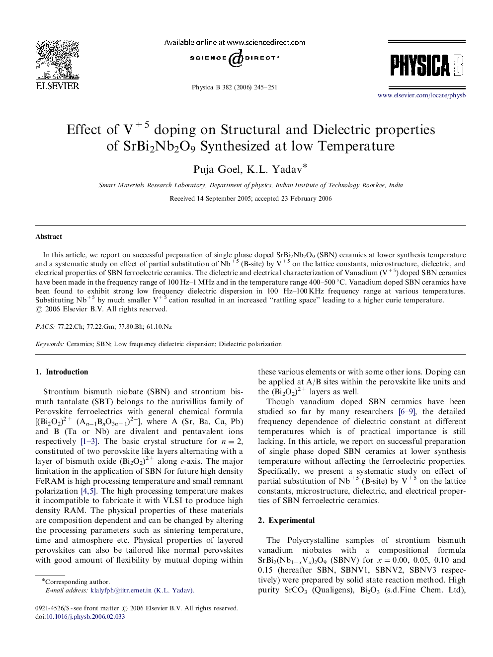 Effect of V+5 doping on Structural and Dielectric properties of SrBi2Nb2O9 Synthesized at low Temperature