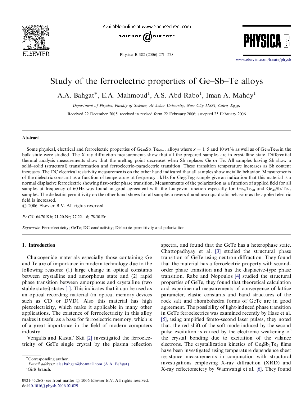 Study of the ferroelectric properties of Ge–Sb–Te alloys