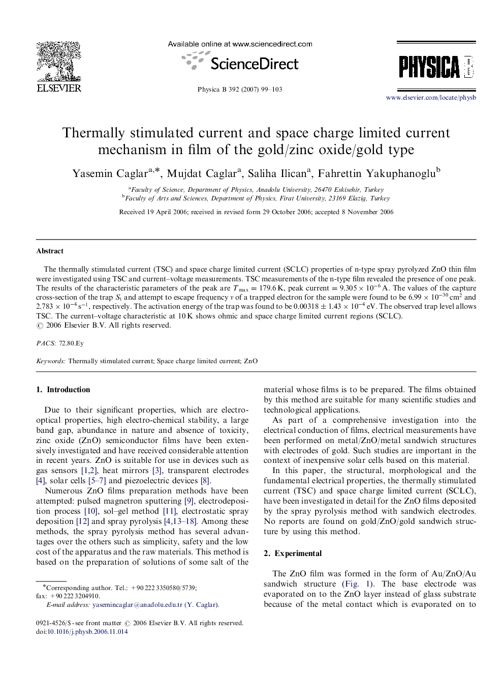 Thermally stimulated current and space charge limited current mechanism in film of the gold/zinc oxide/gold type