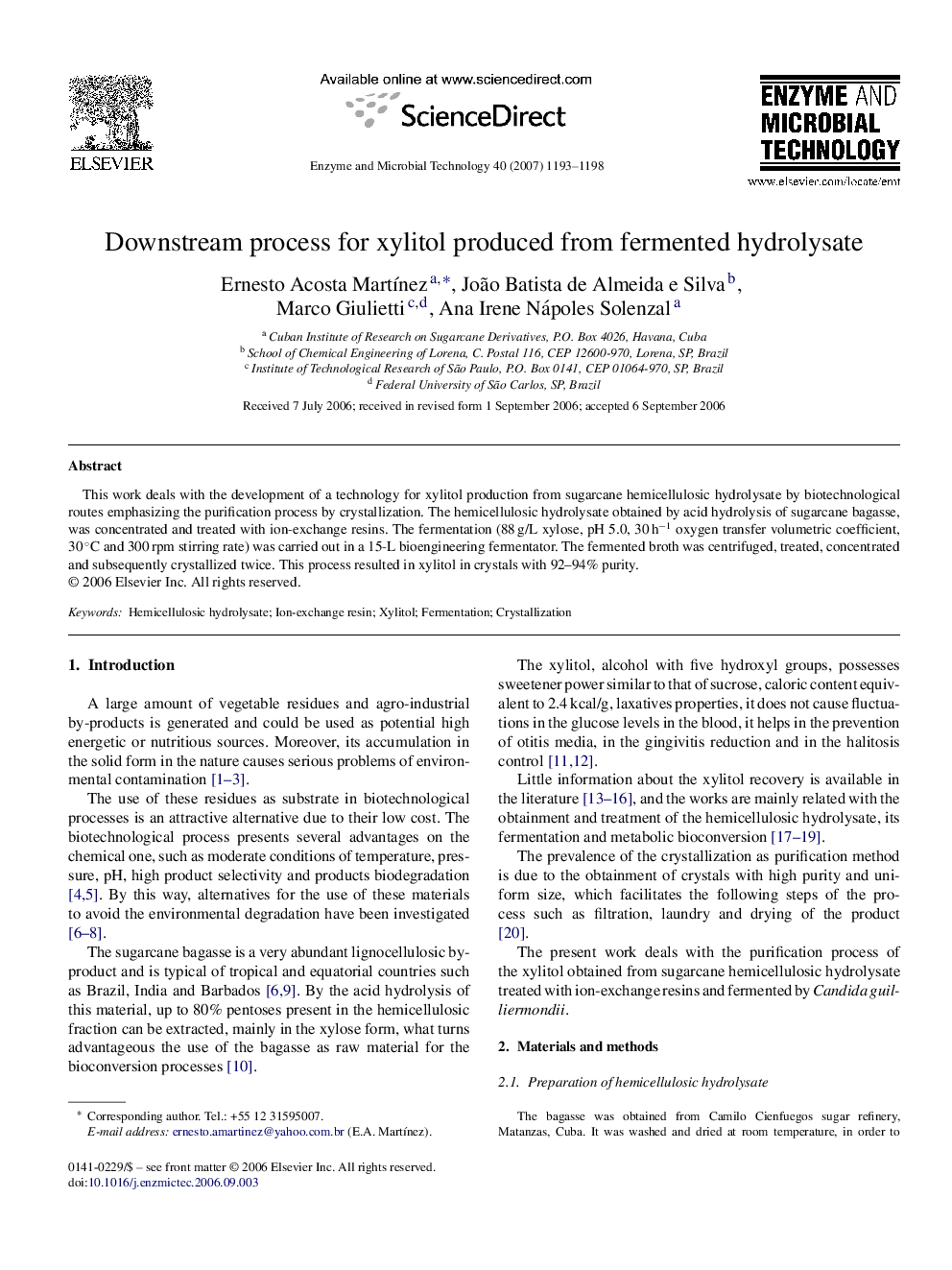 Downstream process for xylitol produced from fermented hydrolysate