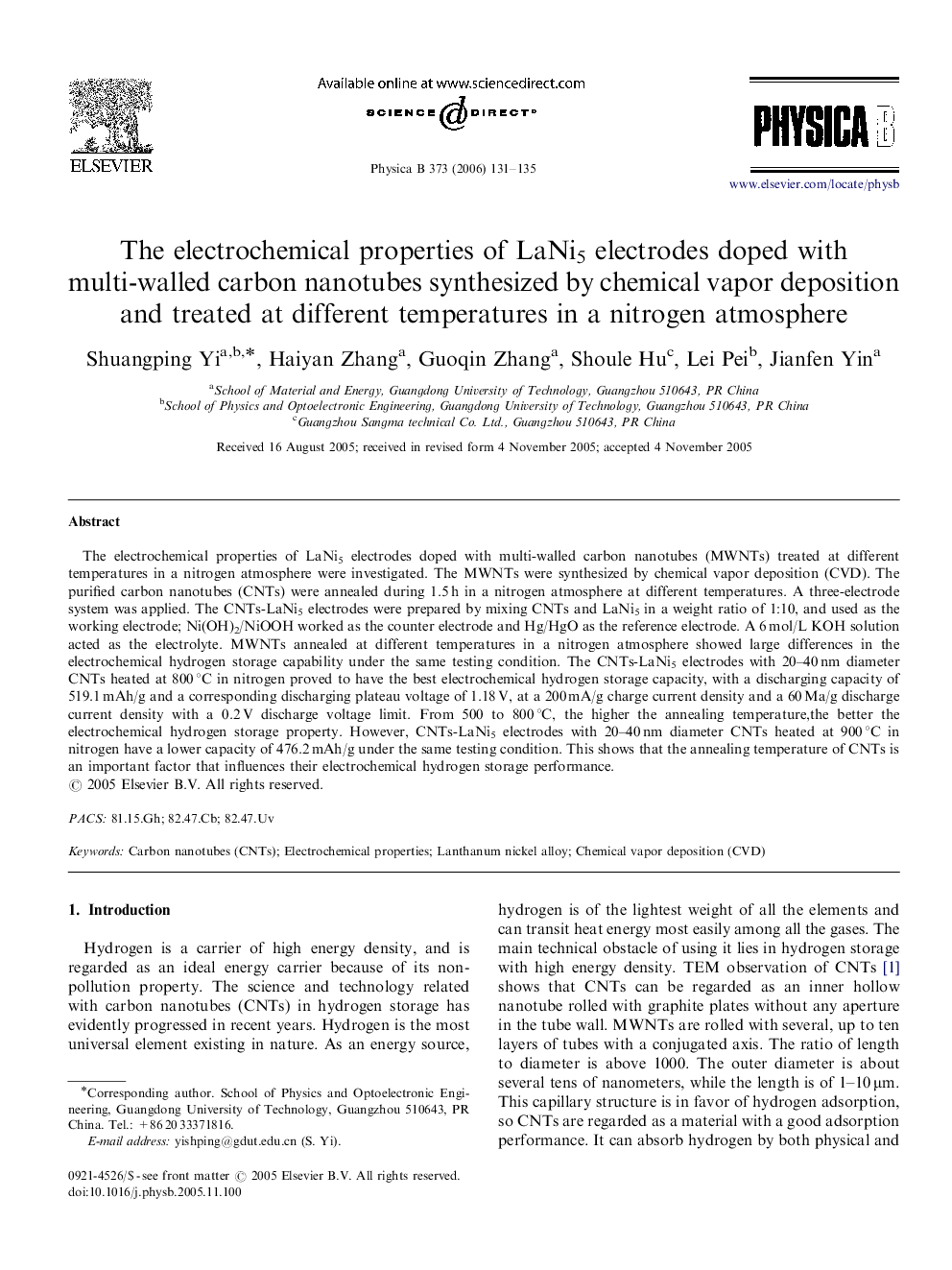 The electrochemical properties of LaNi5 electrodes doped with multi-walled carbon nanotubes synthesized by chemical vapor deposition and treated at different temperatures in a nitrogen atmosphere