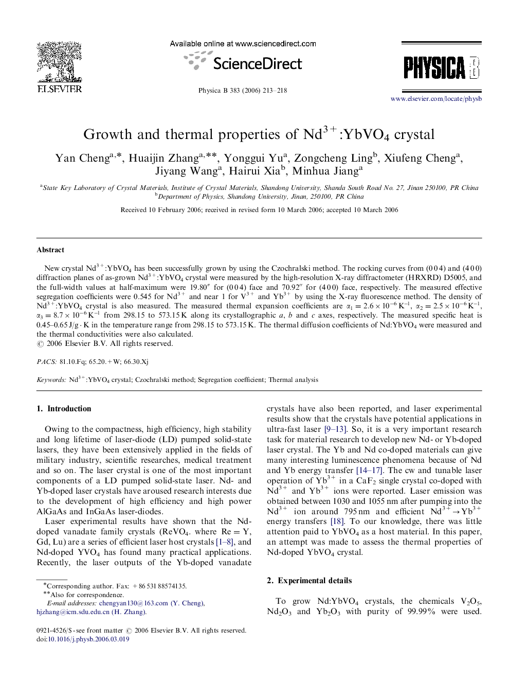 Growth and thermal properties of Nd3+:YbVO4 crystal