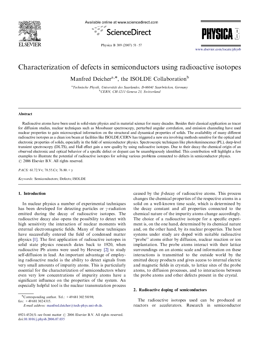 Characterization of defects in semiconductors using radioactive isotopes