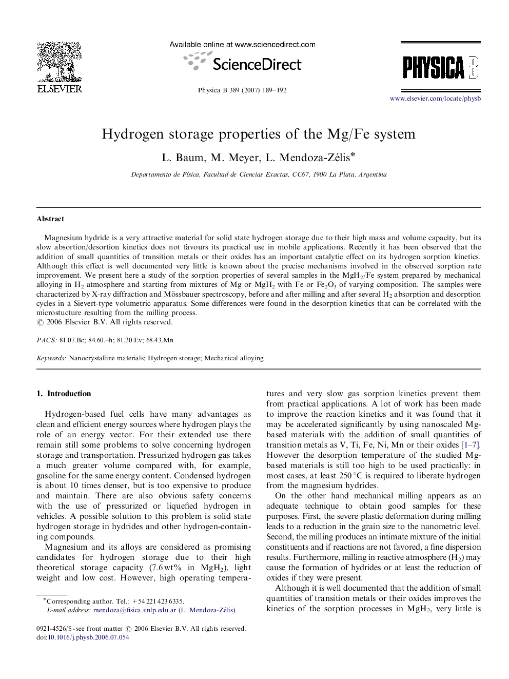 Hydrogen storage properties of the Mg/Fe system