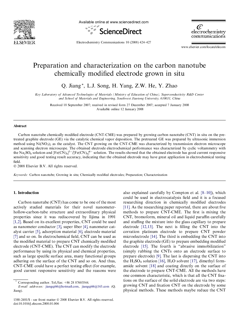 Preparation and characterization on the carbon nanotube chemically modified electrode grown in situ