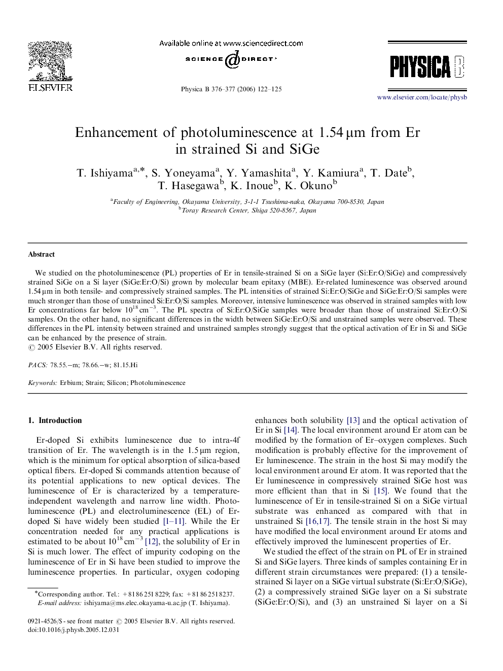 Enhancement of photoluminescence at 1.54Â Î¼m from Er in strained Si and SiGe