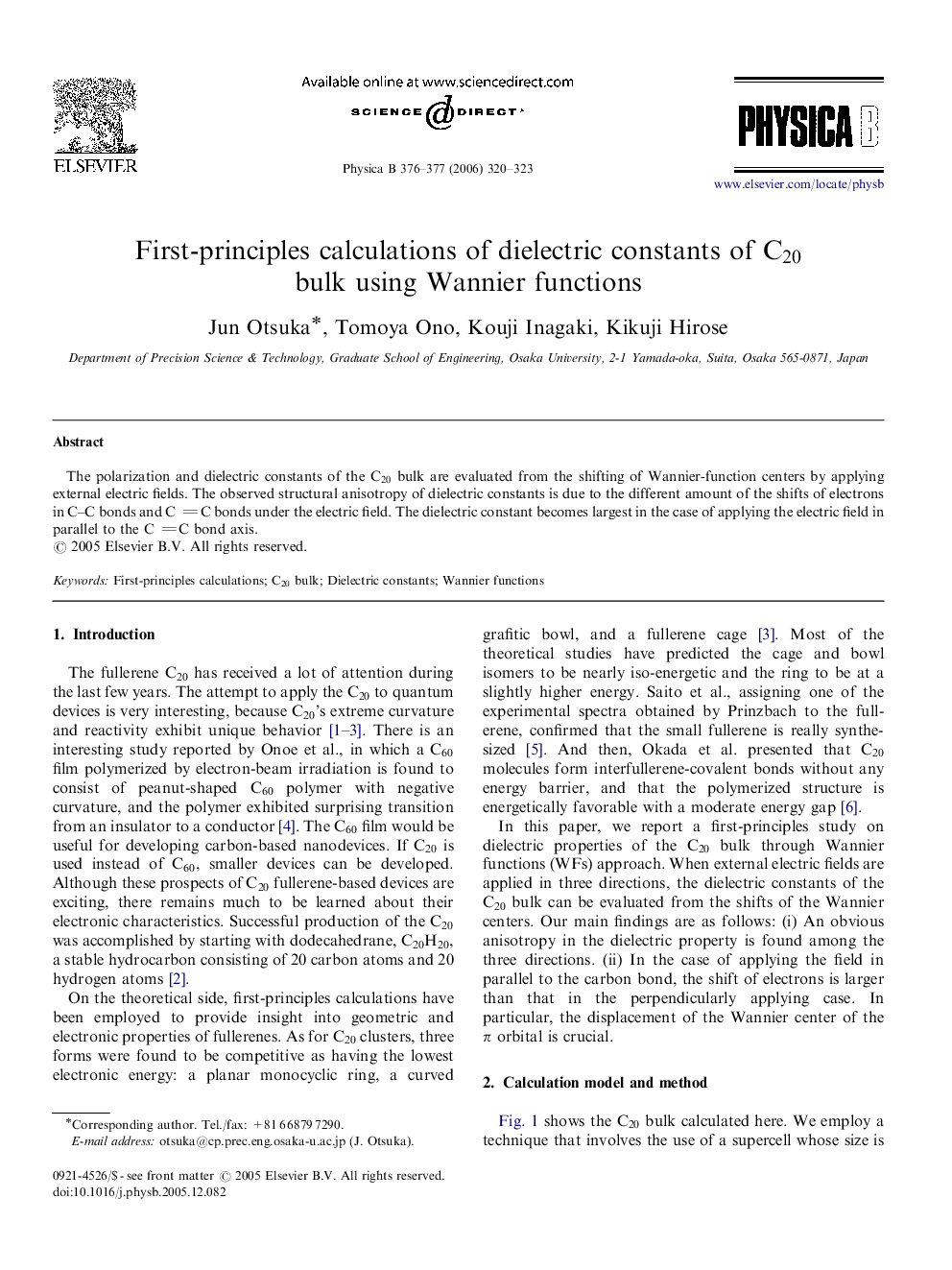 First-principles calculations of dielectric constants of C20C20 bulk using Wannier functions