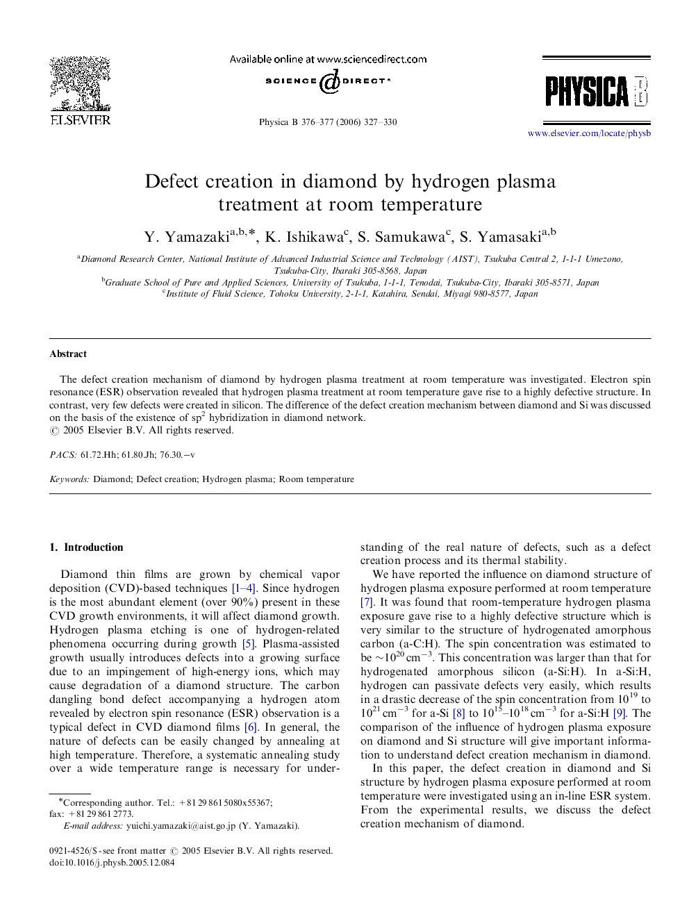 Defect creation in diamond by hydrogen plasma treatment at room temperature