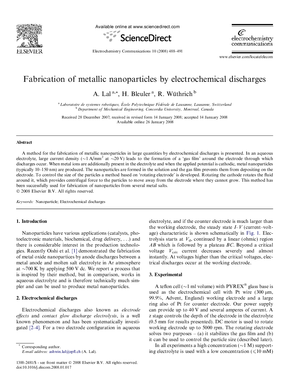 Fabrication of metallic nanoparticles by electrochemical discharges