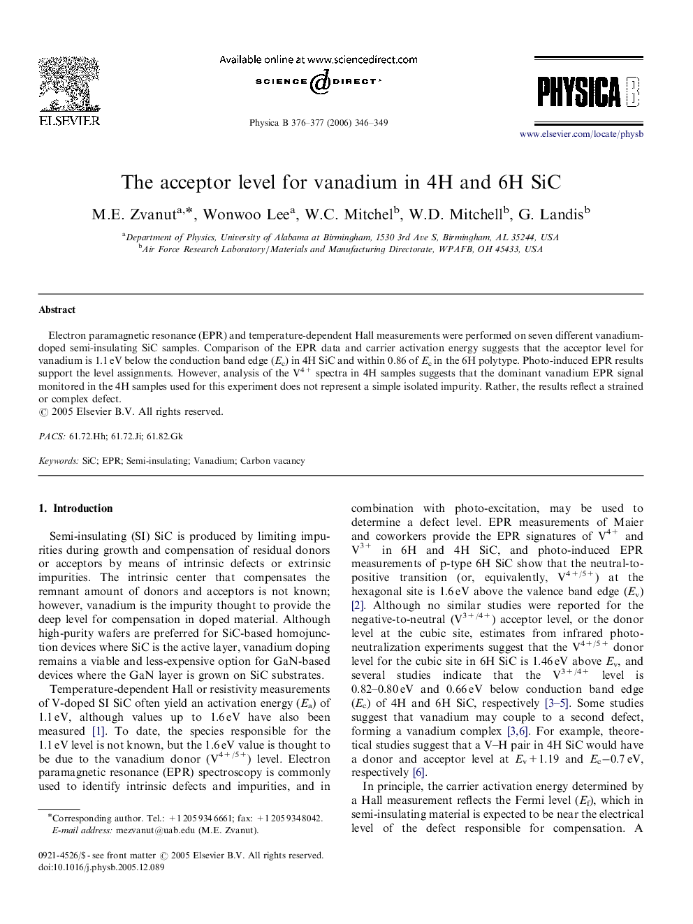 The acceptor level for vanadium in 4H and 6H SiC