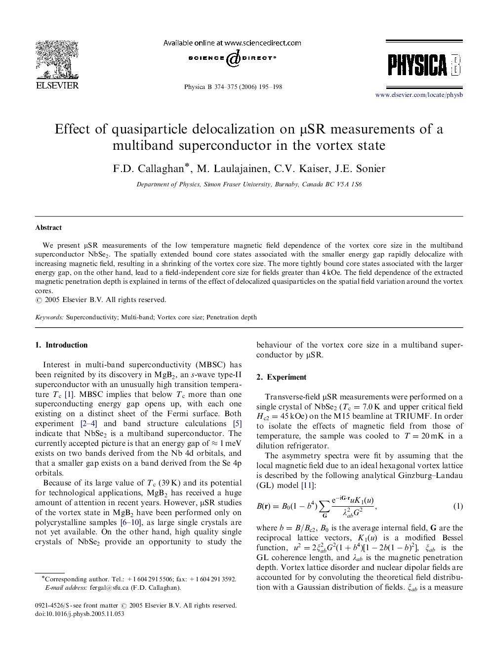 عکس صفحه اول مقاله: Effect of quasiparticle delocalization on μSR measurements of a multiband superconductor in the vortex state Effect of quasiparticle delocalization on μSR measurements of a multiband superconductor in the vortex state