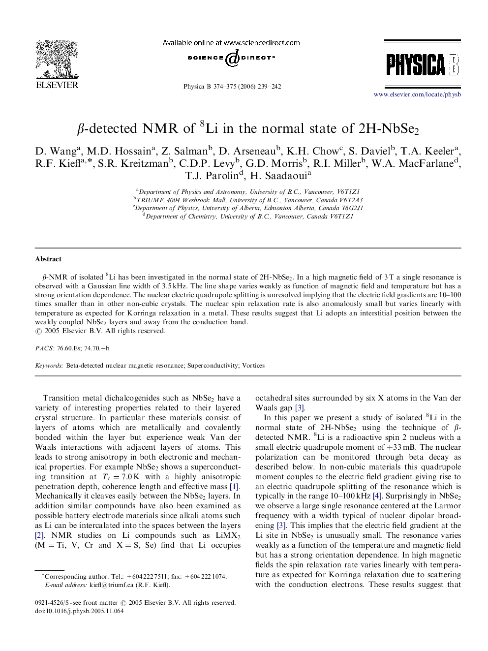 ββ-detected NMR of 8Li in the normal state of 2H-NbSe2NbSe2