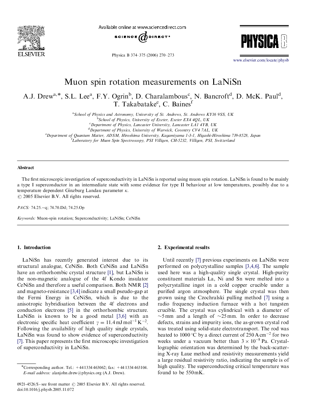Muon spin rotation measurements on LaNiSn