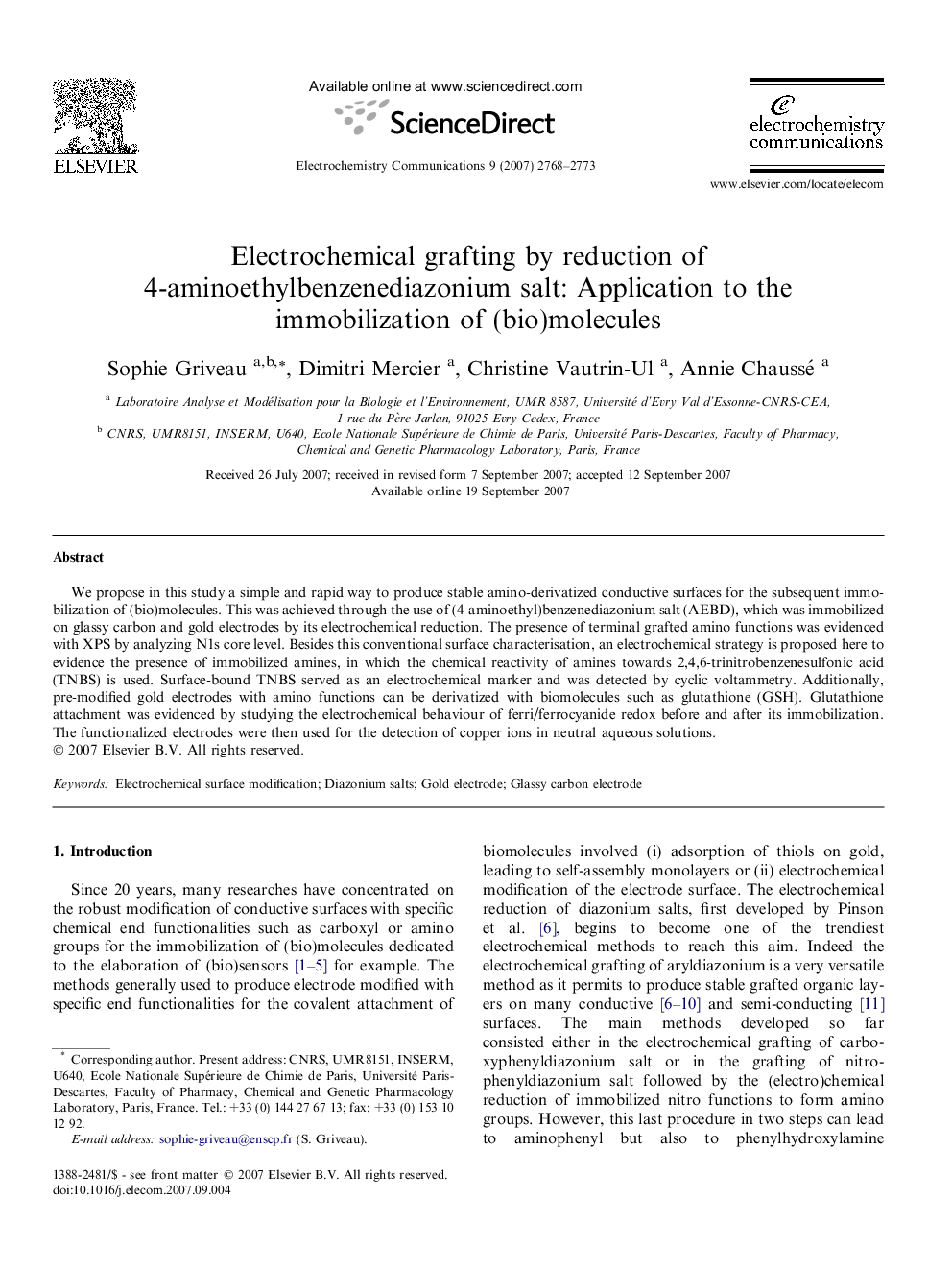 Electrochemical grafting by reduction of 4-aminoethylbenzenediazonium salt: Application to the immobilization of (bio)molecules