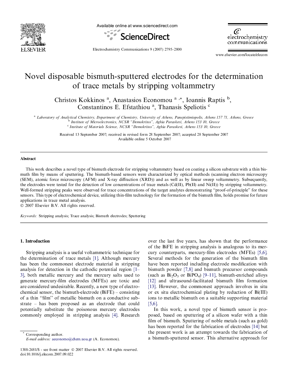 Novel disposable bismuth-sputtered electrodes for the determination of trace metals by stripping voltammetry