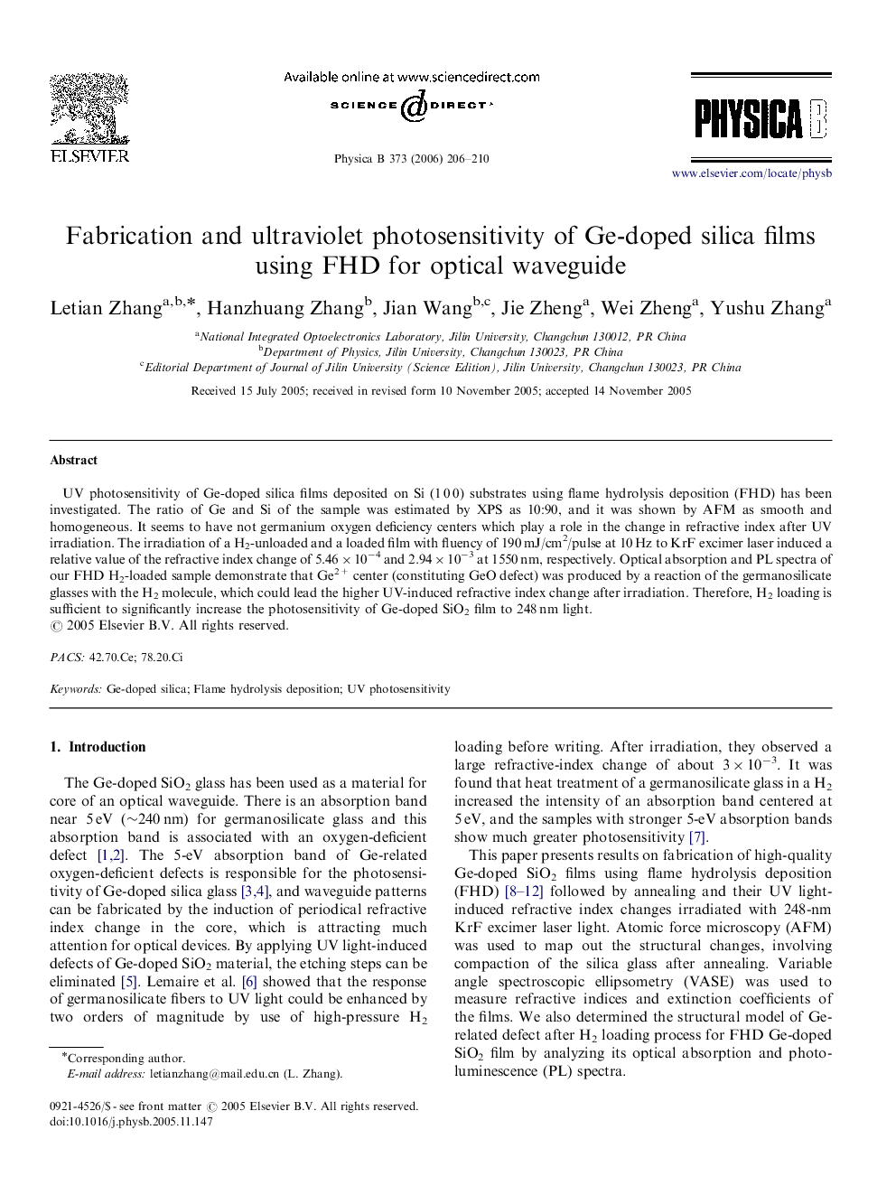 Fabrication and ultraviolet photosensitivity of Ge-doped silica films using FHD for optical waveguide