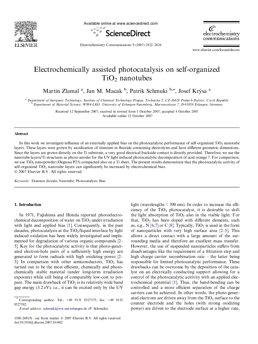 Electrochemically assisted photocatalysis on self-organized TiO2 nanotubes