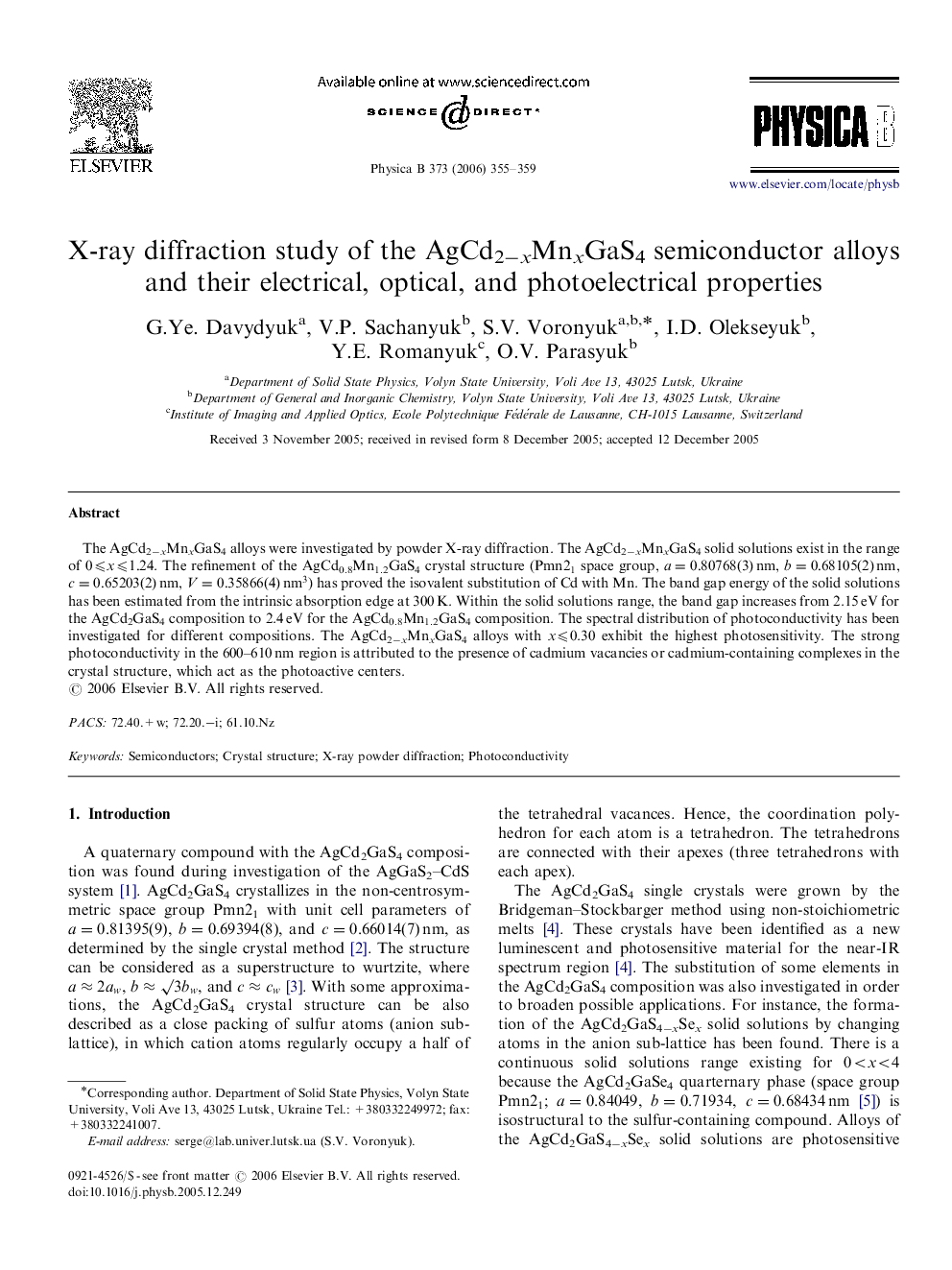 X-ray diffraction study of the AgCd2âxMnxGaS4 semiconductor alloys and their electrical, optical, and photoelectrical properties