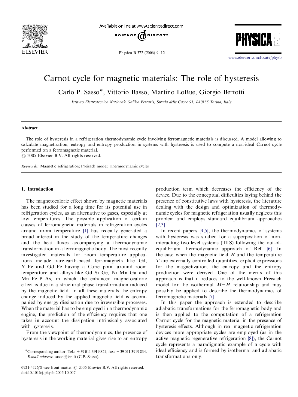 Carnot cycle for magnetic materials: The role of hysteresis