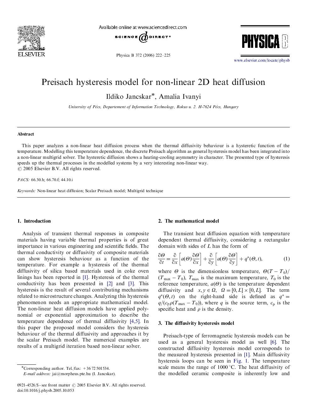 Preisach hysteresis model for non-linear 2D heat diffusion