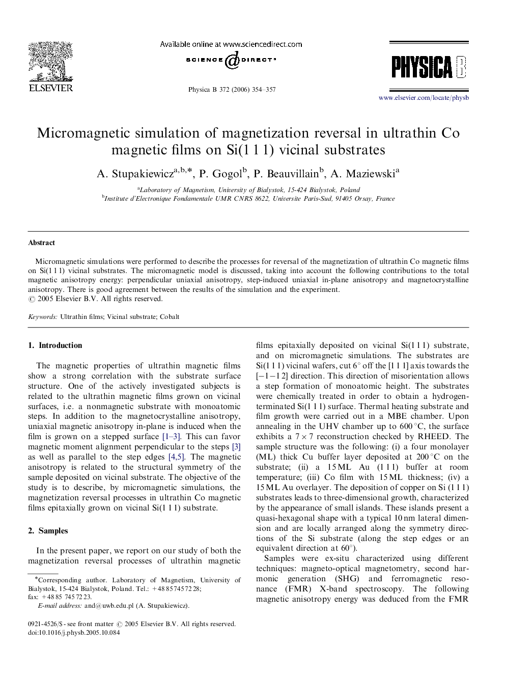 Micromagnetic simulation of magnetization reversal in ultrathin Co magnetic films on Si(1Â 1Â 1) vicinal substrates