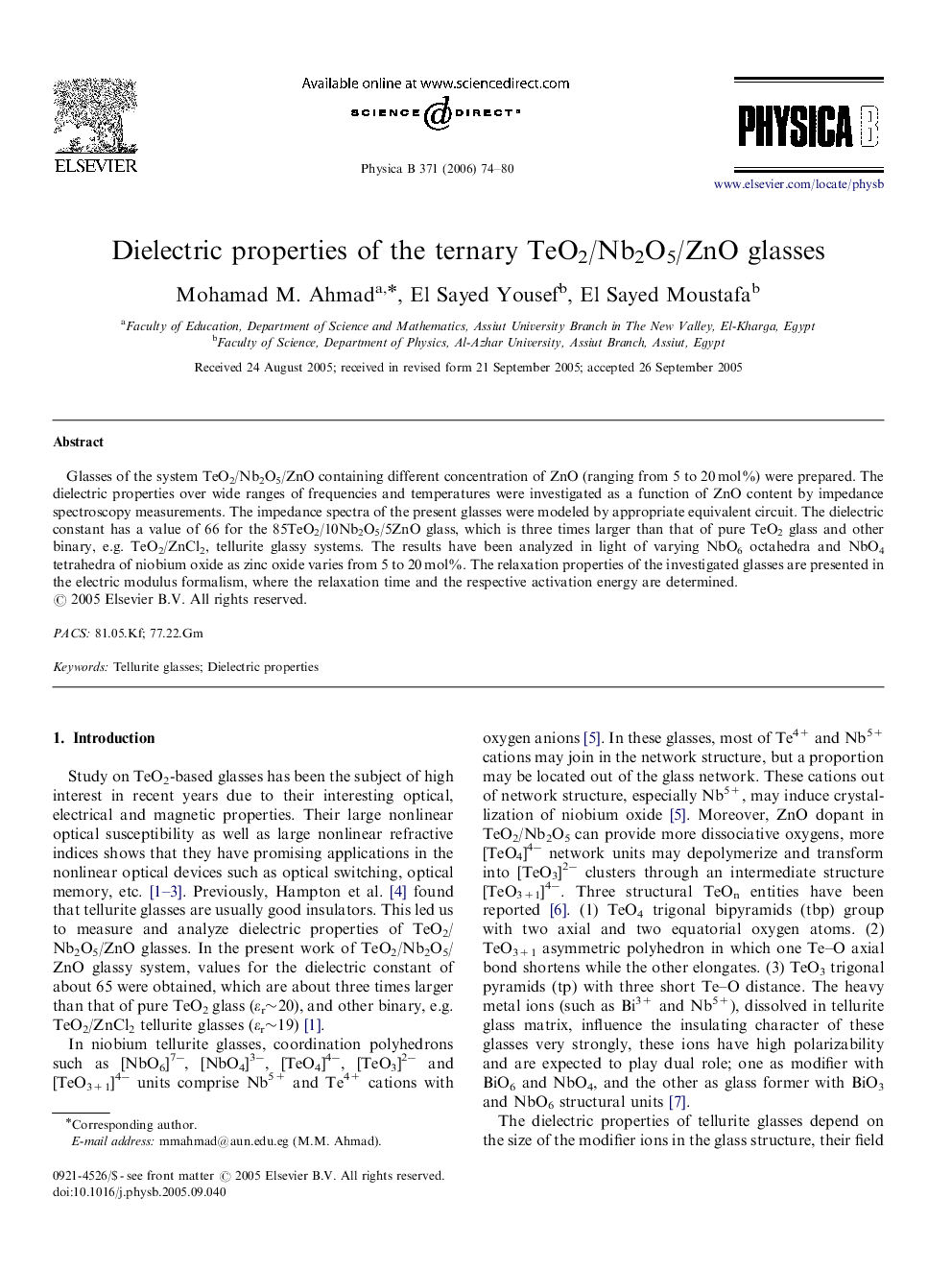 عکس صفحه اول مقاله: Dielectric properties of the ternary TeO2/Nb2O5/ZnO glasses Dielectric properties of the ternary TeO2/Nb2O5/ZnO glasses