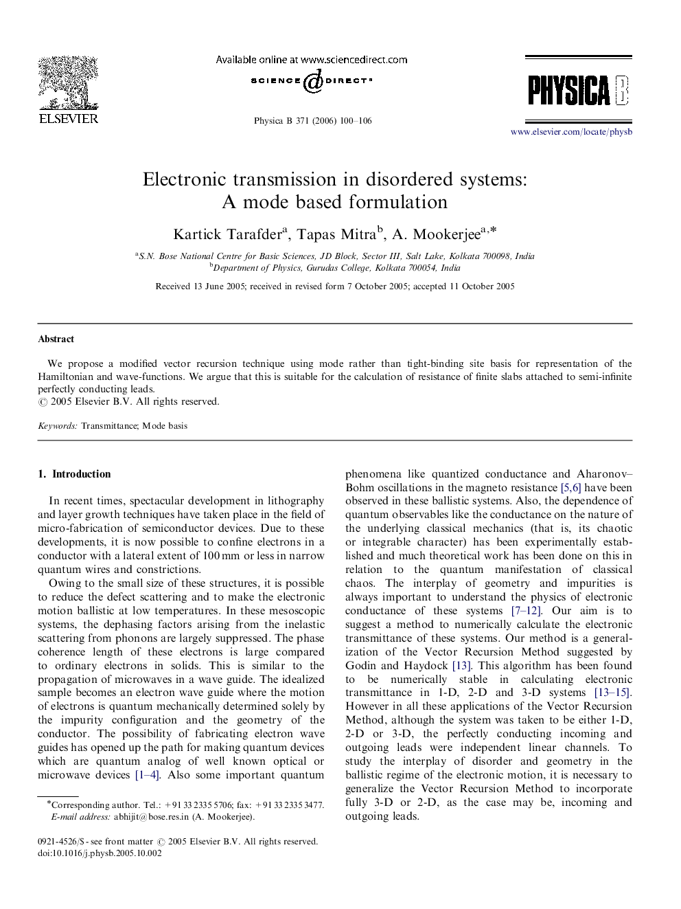 Electronic transmission in disordered systems: A mode based formulation