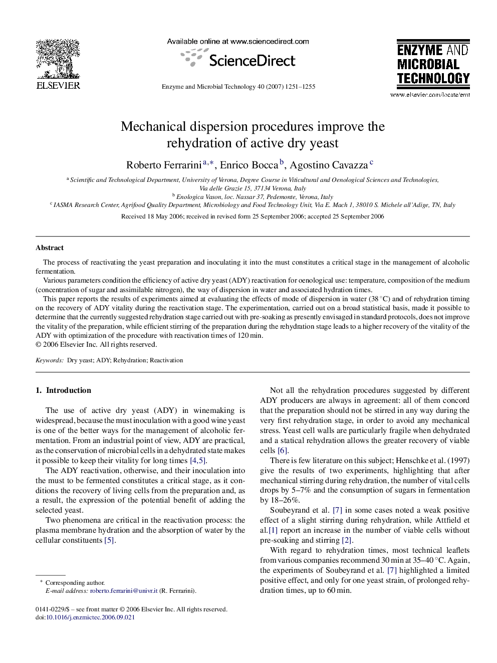 Mechanical dispersion procedures improve the rehydration of active dry yeast