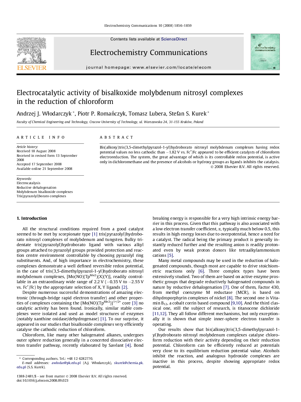 Electrocatalytic activity of bisalkoxide molybdenum nitrosyl complexes in the reduction of chloroform
