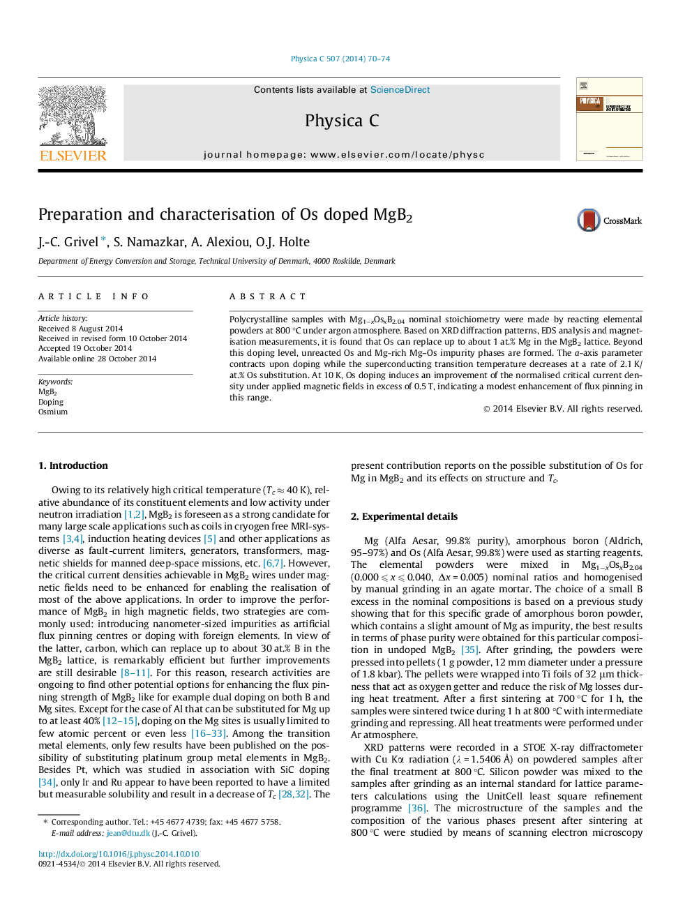 Preparation and characterisation of Os doped MgB2