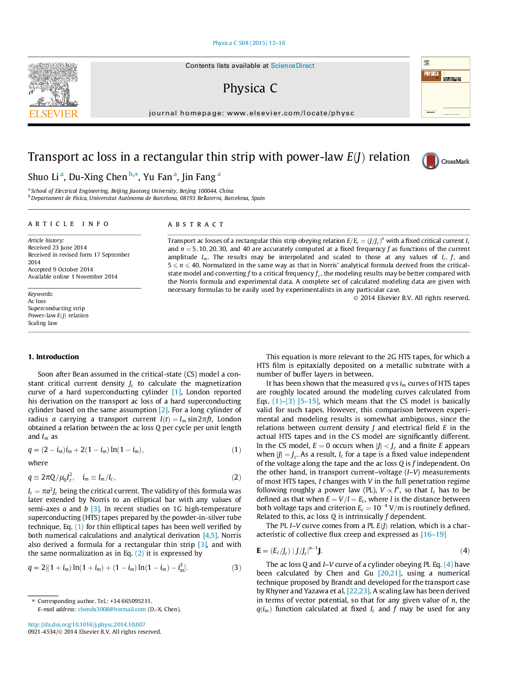 Transport ac loss in a rectangular thin strip with power-law E(J)E(J) relation