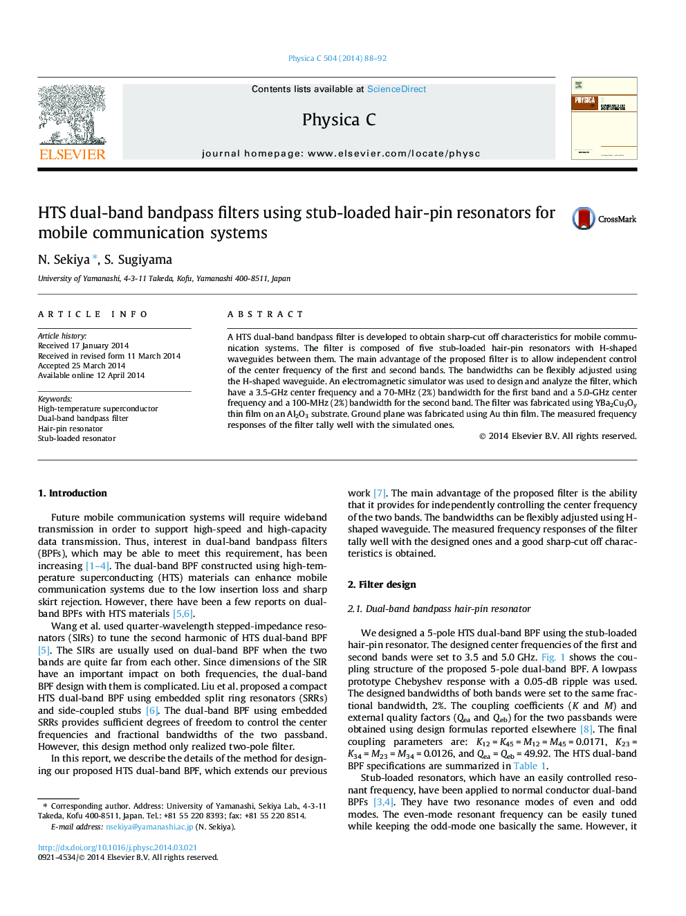 HTS dual-band bandpass filters using stub-loaded hair-pin resonators for mobile communication systems